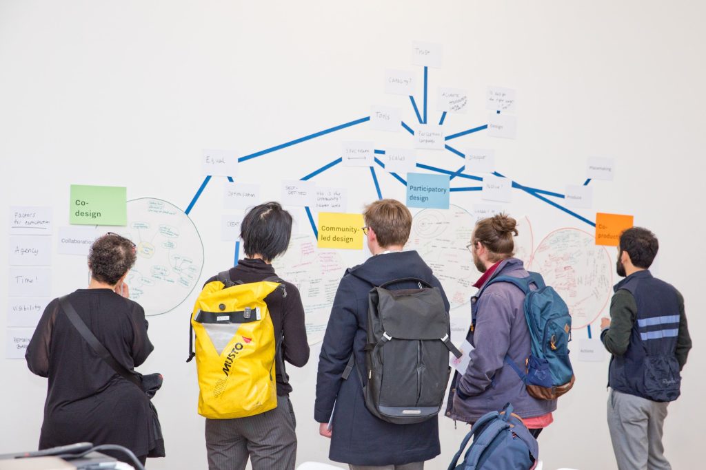 Five people contemplating a community design network